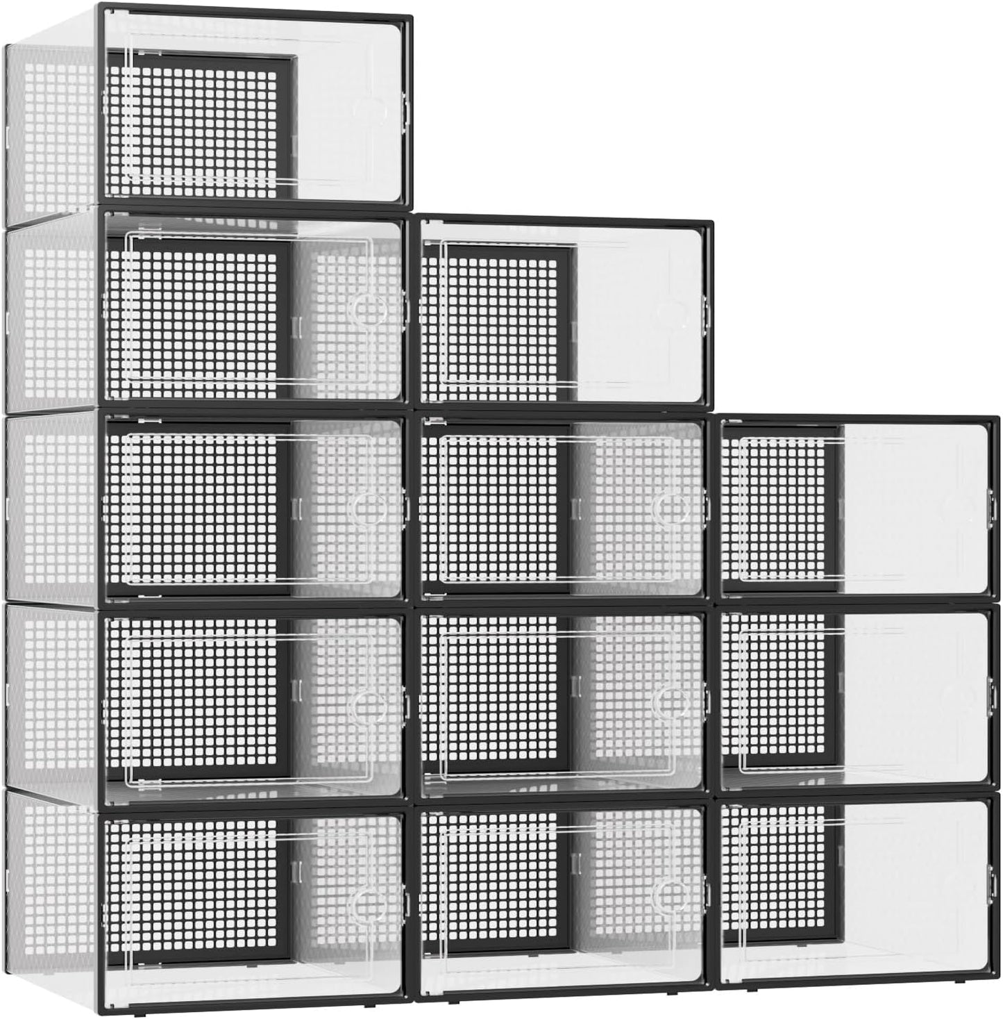X-Large Shoe Storage Boxes Organizers Clear Plastic Stackable 12 Pack, Shoe Rack & Holder Substitute, Sneaker Containers, Toy Storage Organizer Bins for Entryway, Closet, Under Bed, Black
