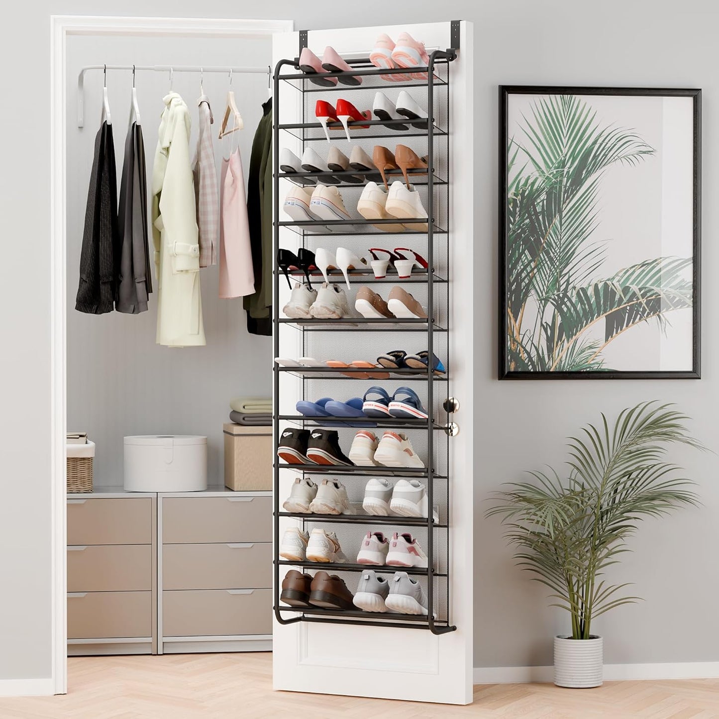36 Pair Over The Door Shoe Organizer, 12 Tier Hanging Shoe Organizer, Heavy Duty Metal & Mesh Shoe Holder, Hanging Shoe Rack for Closet Organizer & Storage, 74"H x 21.7"W x 7.5"D, White