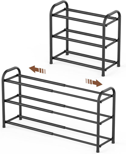 Shoe Rack for Closet, Expandable Shoe Organizer Storage Shelf, Adjustable Metal Free Standing Small Closet Shoe Rack for Entryway, Doorway (3-Tier Black)