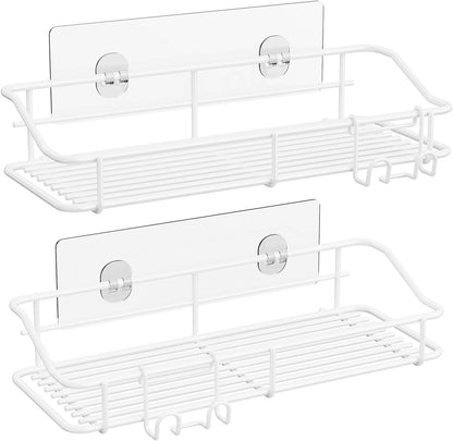 Shower Caddy Shelf Storage Rack Adhesive Without Drilling Stainless Steel with Hooks for Washroom, Lavatory, Restroom, Toilet, Bathroom, Kitchen - 2 Pack