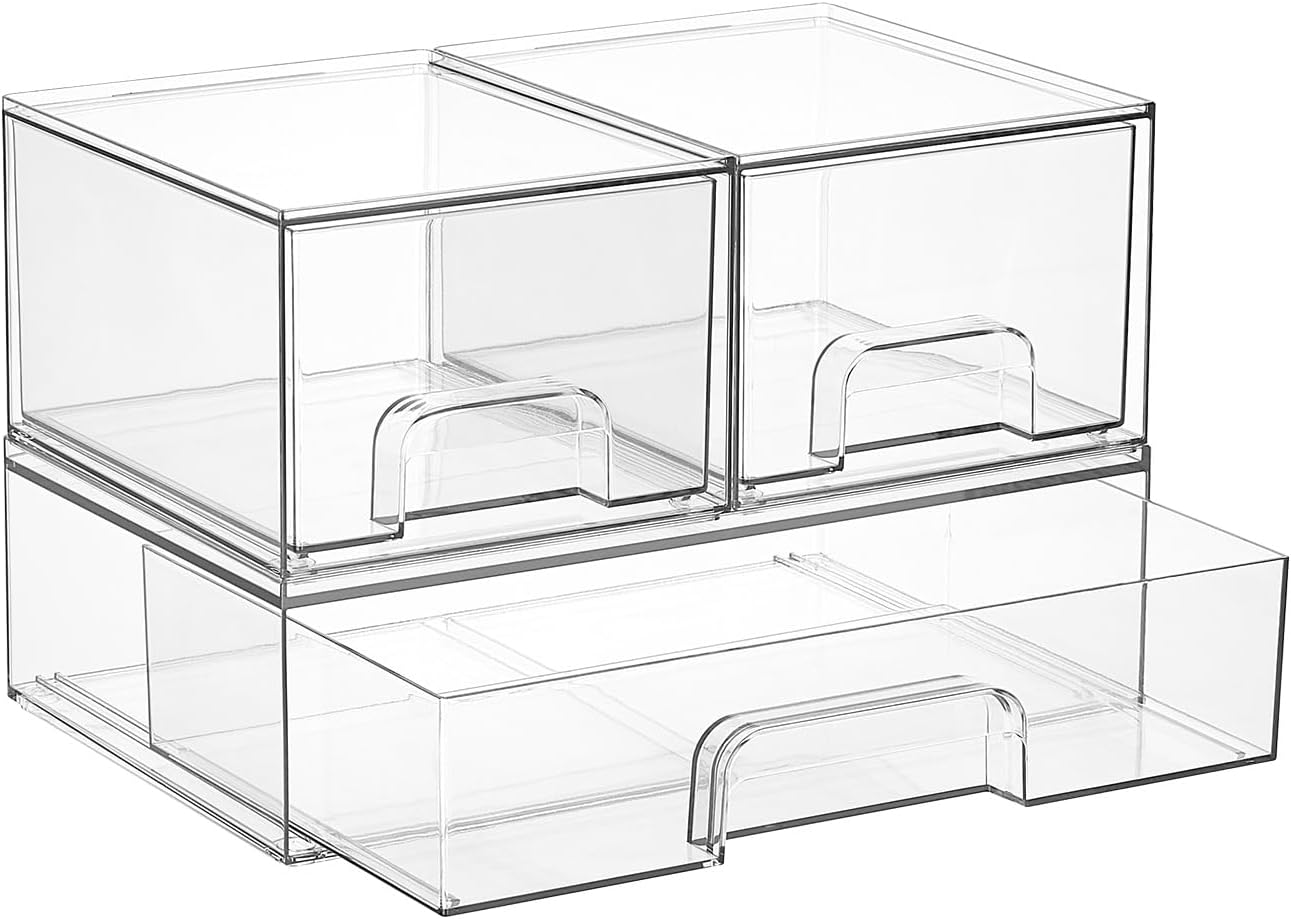 Stackable Storage Drawers Set of 5, Clear Plastic Organizer Bins for Baby Bottle, Beauty Supplies Storage, Ideal for Kichen Countertop, Vanity, Bathroom, Cabinet, Pantry Organization