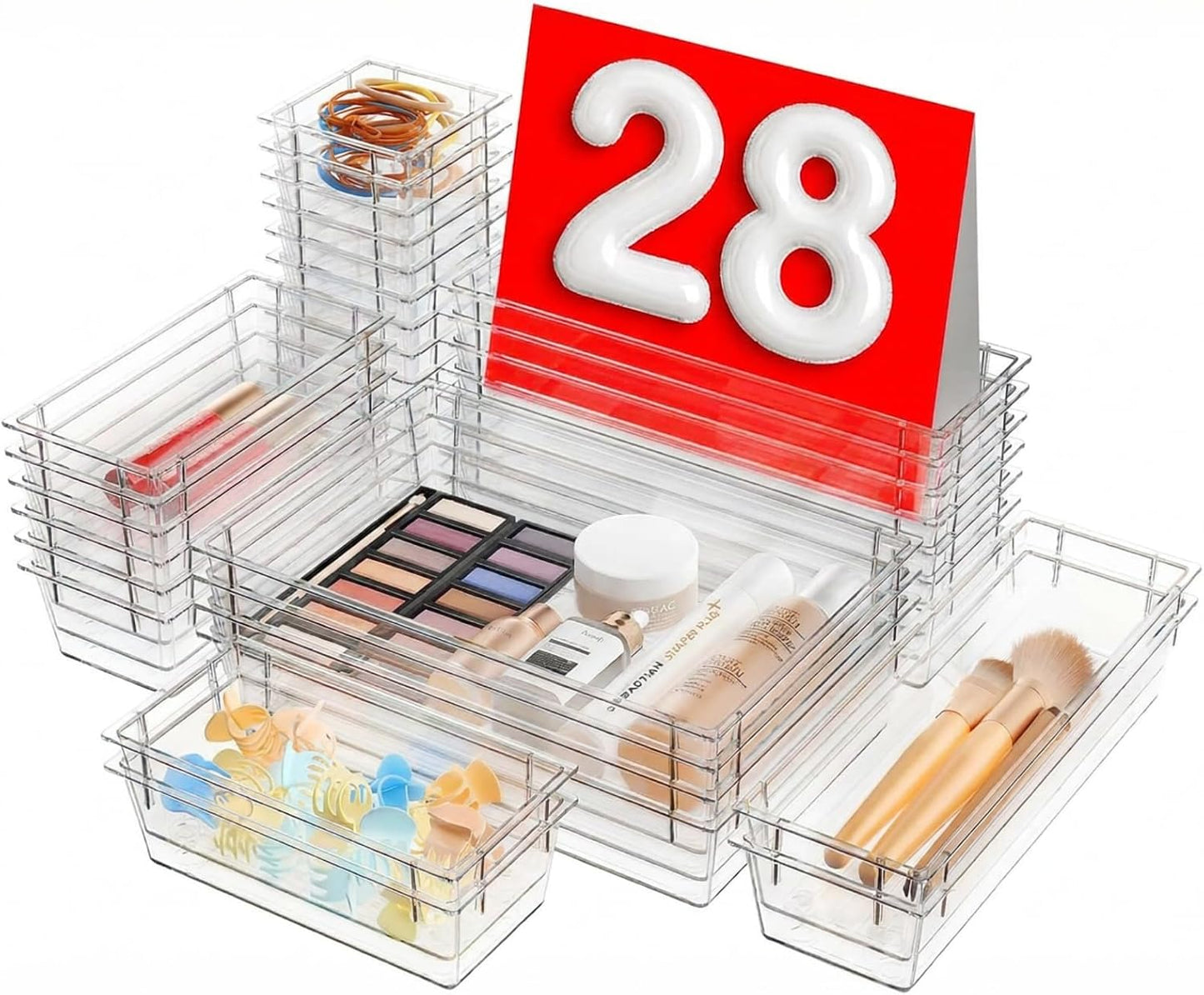 Drawer Organizer, 【𝟱𝗦𝗶𝘇𝗲】 Makeup organizer, 【Holds 177 Items】 Bathroom Organizers and Storage, Organization and Storage, Desk Drawer Organizer for Vanity (Clear)
