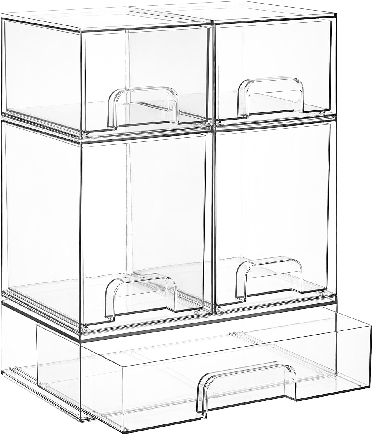Stackable Storage Drawers Set of 5, Clear Plastic Organizer Bins for Baby Bottle, Beauty Supplies Storage, Ideal for Kichen Countertop, Vanity, Bathroom, Cabinet, Pantry Organization