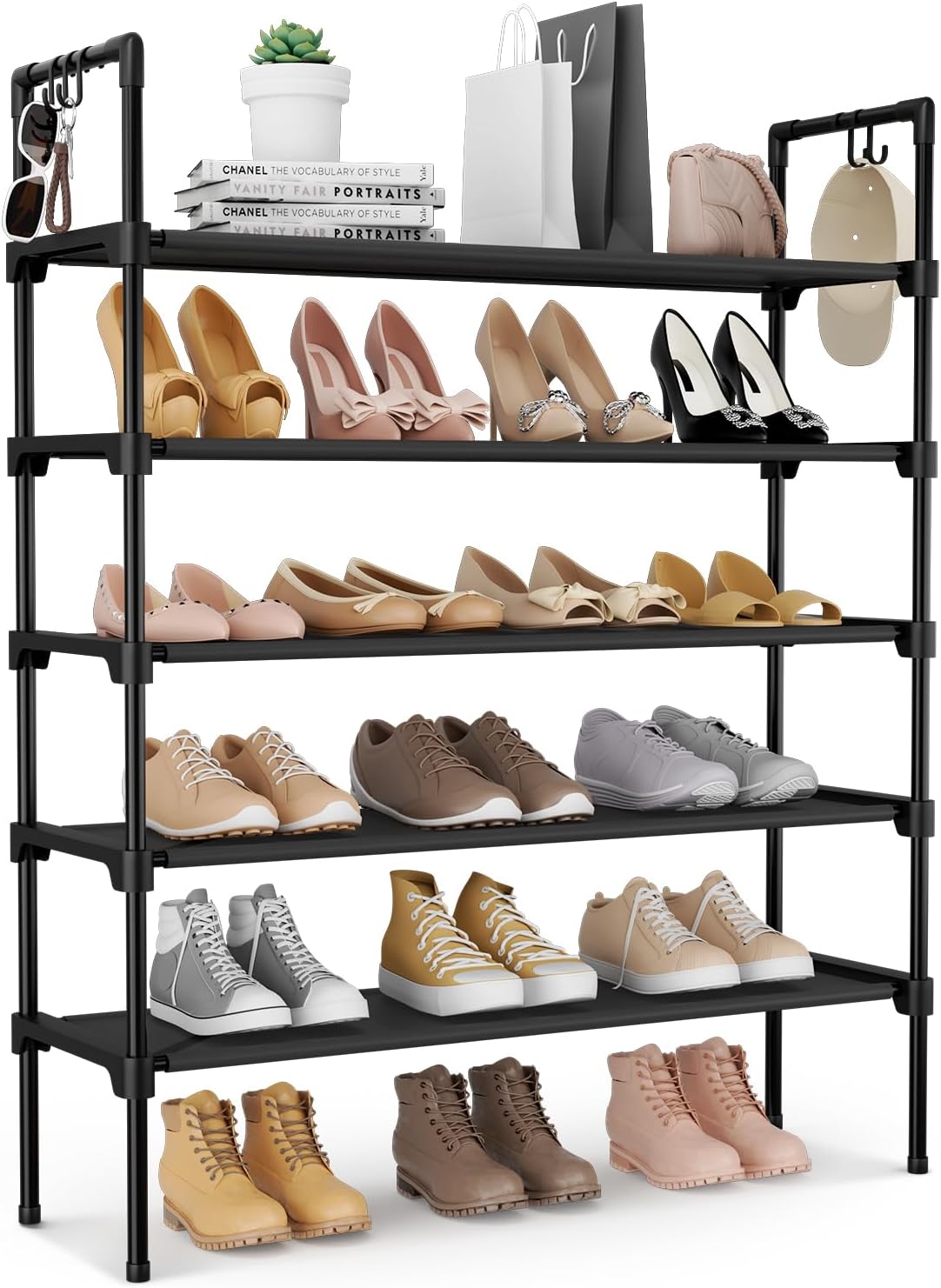 3 Tier Shoe Rack for Closet, Shoe Organizer with 5 Hooks, Long Shoe Shelf Storage for Sneaker and Boot Stackable Free Standing Shoe Rack for Entryway, Garage, Small Spaces, Dorm
