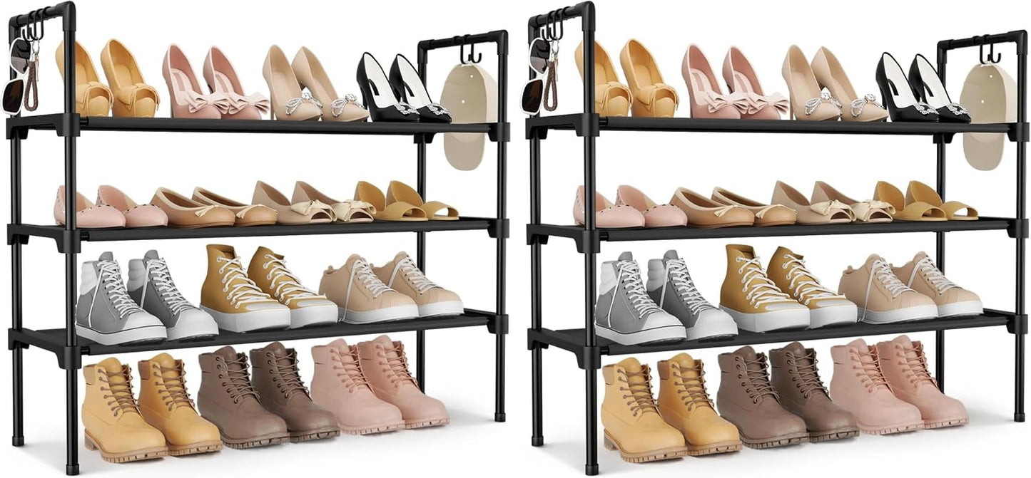 3 Tier Shoe Rack for Closet, Shoe Organizer with 5 Hooks, Long Shoe Shelf Storage for Sneaker and Boot Stackable Free Standing Shoe Rack for Entryway, Garage, Small Spaces, Dorm