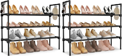 3 Tier Shoe Rack for Closet, Shoe Organizer with 5 Hooks, Long Shoe Shelf Storage for Sneaker and Boot Stackable Free Standing Shoe Rack for Entryway, Garage, Small Spaces, Dorm