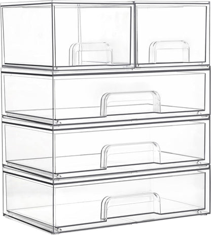 Stackable Storage Drawers Set of 5, Clear Plastic Organizer Bins for Baby Bottle, Beauty Supplies Storage, Ideal for Kichen Countertop, Vanity, Bathroom, Cabinet, Pantry Organization