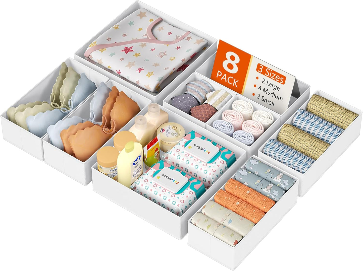 Drawer Organizer Clothes, 12 Pack Dresser Organizer, Foldable Closet Organizers and Storage, Fabric Dresser Bins, Drawer Dividers for Nursery, Baby Clothes, Underwears, Sock (Beige)