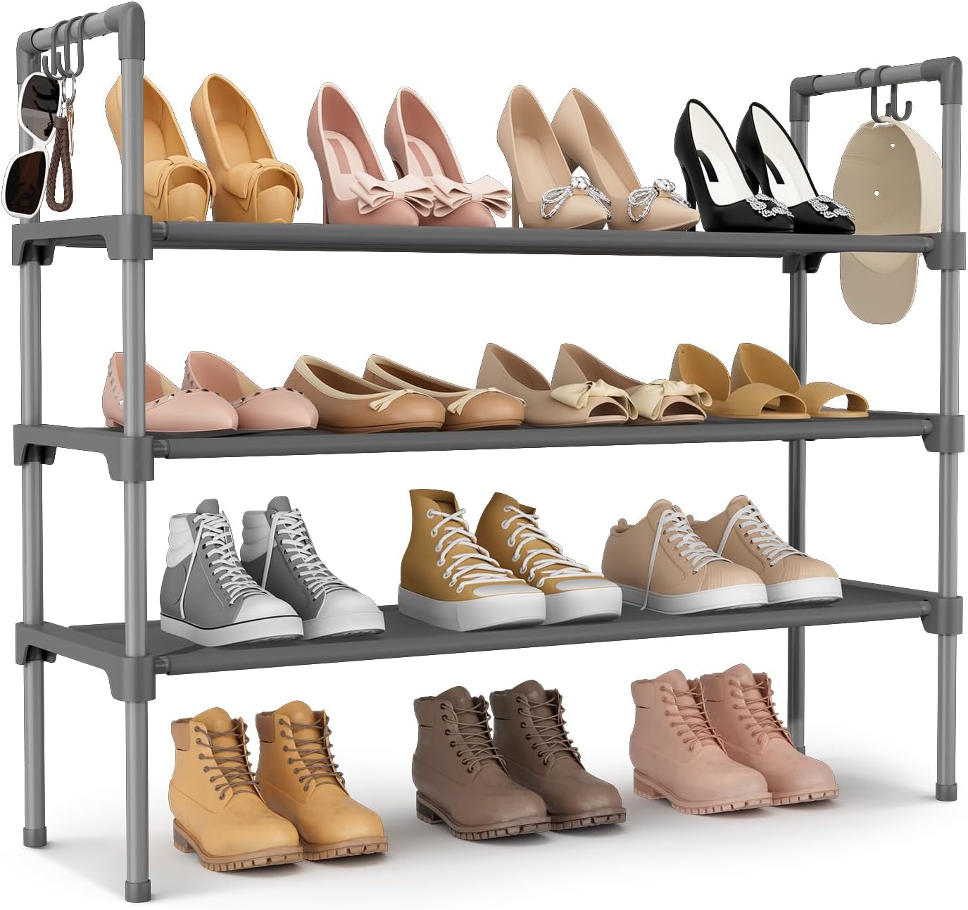 3 Tier Shoe Rack for Closet, Shoe Organizer with 5 Hooks, Long Shoe Shelf Storage for Sneaker and Boot Stackable Free Standing Shoe Rack for Entryway, Garage, Small Spaces, Dorm