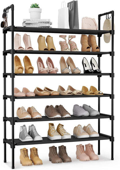 3 Tier Shoe Rack for Closet, Shoe Organizer with 5 Hooks, Long Shoe Shelf Storage for Sneaker and Boot Stackable Free Standing Shoe Rack for Entryway, Garage, Small Spaces, Dorm