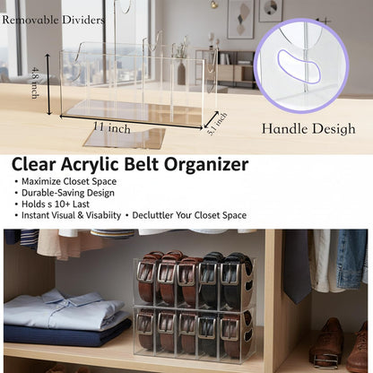 Belt Organizer,Acrylic Belt Organizer for Closet with Removable Dividers 5 Compartments & Handles Drawer organization and storage for Purse,underwear, Socks,and Ties (2pack)
