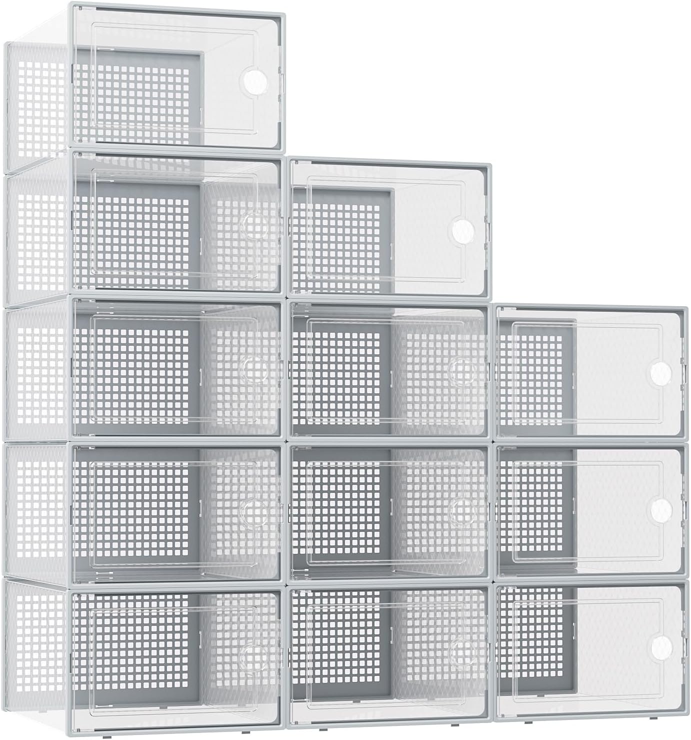 X-Large Shoe Storage Boxes Organizers Clear Plastic Stackable 12 Pack, Shoe Rack & Holder Substitute, Sneaker Containers, Toy Storage Organizer Bins for Entryway, Closet, Under Bed, Black