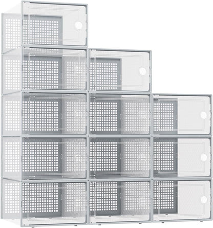 X-Large Shoe Storage Boxes Organizers Clear Plastic Stackable 12 Pack, Shoe Rack & Holder Substitute, Sneaker Containers, Toy Storage Organizer Bins for Entryway, Closet, Under Bed, Black
