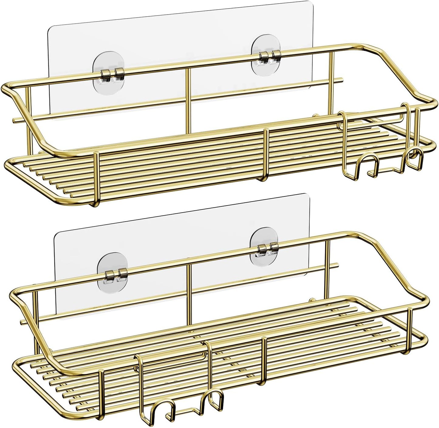 Shower Caddy Shelf Storage Rack Adhesive Without Drilling Stainless Steel with Hooks for Washroom, Lavatory, Restroom, Toilet, Bathroom, Kitchen - 2 Pack