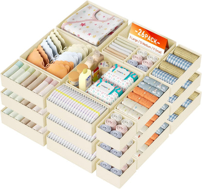 Drawer Organizer Clothes, 12 Pack Dresser Organizer, Foldable Closet Organizers and Storage, Fabric Dresser Bins, Drawer Dividers for Nursery, Baby Clothes, Underwears, Sock (Beige)