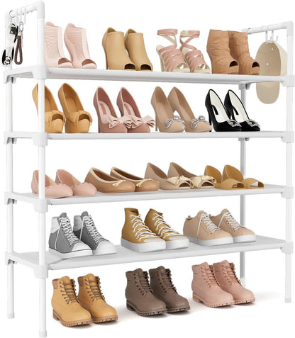 3 Tier Shoe Rack for Closet, Shoe Organizer with 5 Hooks, Long Shoe Shelf Storage for Sneaker and Boot Stackable Free Standing Shoe Rack for Entryway, Garage, Small Spaces, Dorm