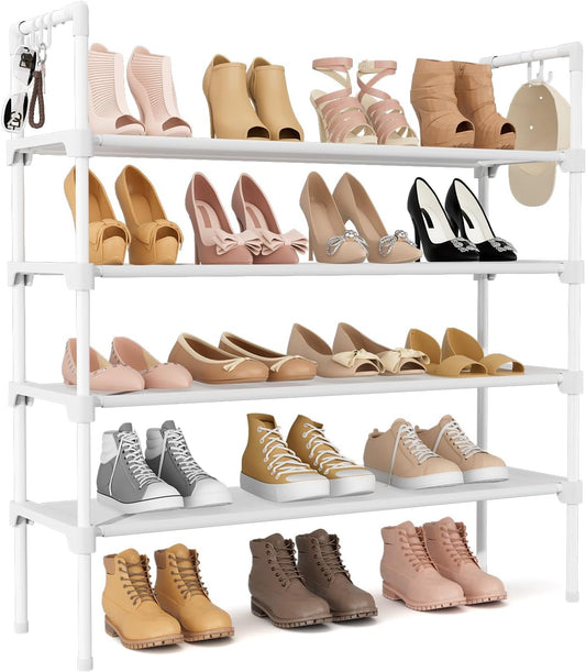 3 Tier Shoe Rack for Closet, Shoe Organizer with 5 Hooks, Long Shoe Shelf Storage for Sneaker and Boot Stackable Free Standing Shoe Rack for Entryway, Garage, Small Spaces, Dorm