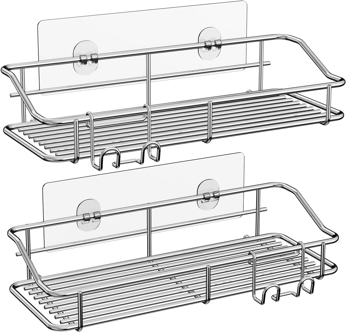 Shower Caddy Shelf Storage Rack Adhesive Without Drilling Stainless Steel with Hooks for Washroom, Lavatory, Restroom, Toilet, Bathroom, Kitchen - 2 Pack