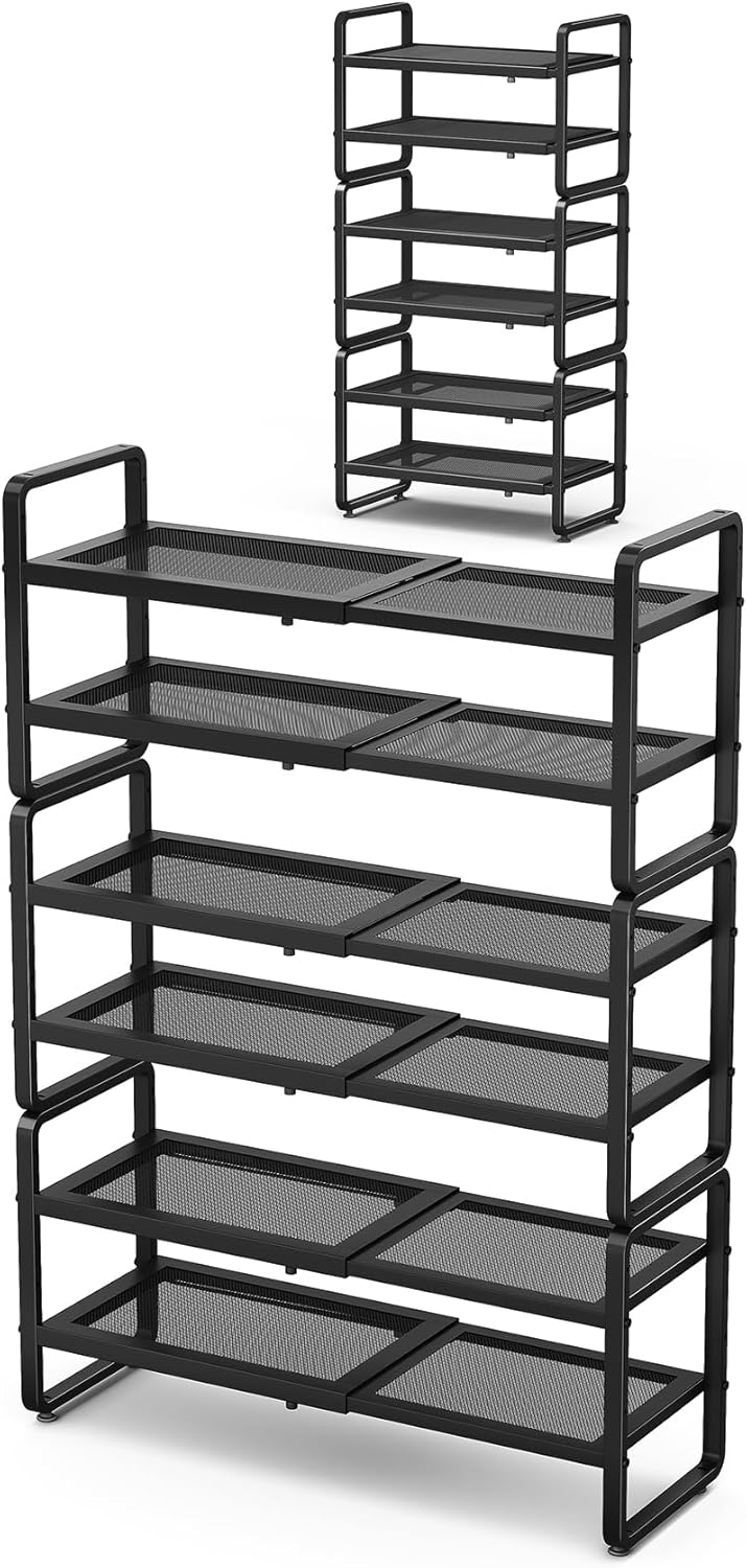 Shoe Rack - Expandable Shoe Organizer for Closet, Adjustable Metal Shoe Shelf Storage, Stackable Long Shoe Stand Holder for Garage, Entryway, Door Entrance (Black, 2-Tier)