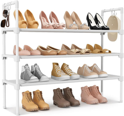 3 Tier Shoe Rack for Closet, Shoe Organizer with 5 Hooks, Long Shoe Shelf Storage for Sneaker and Boot Stackable Free Standing Shoe Rack for Entryway, Garage, Small Spaces, Dorm