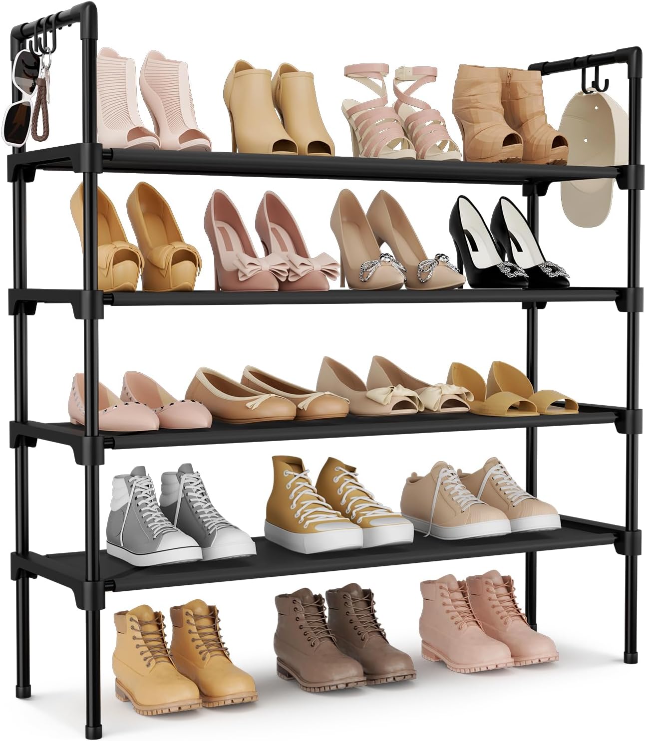 3 Tier Shoe Rack for Closet, Shoe Organizer with 5 Hooks, Long Shoe Shelf Storage for Sneaker and Boot Stackable Free Standing Shoe Rack for Entryway, Garage, Small Spaces, Dorm