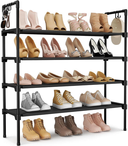 3 Tier Shoe Rack for Closet, Shoe Organizer with 5 Hooks, Long Shoe Shelf Storage for Sneaker and Boot Stackable Free Standing Shoe Rack for Entryway, Garage, Small Spaces, Dorm
