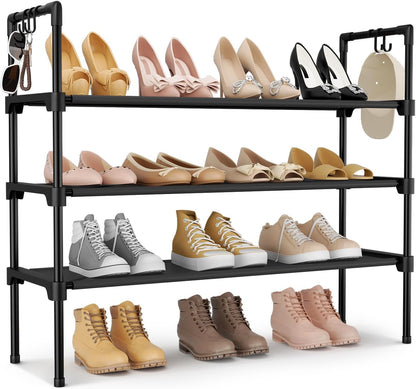 3 Tier Shoe Rack for Closet, Shoe Organizer with 5 Hooks, Long Shoe Shelf Storage for Sneaker and Boot Stackable Free Standing Shoe Rack for Entryway, Garage, Small Spaces, Dorm