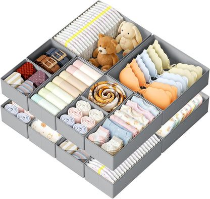 Drawer Organizer Clothes, 12 Pack Dresser Organizer, Foldable Closet Organizers and Storage, Fabric Dresser Bins, Drawer Dividers for Nursery, Baby Clothes, Underwears, Sock (Beige)
