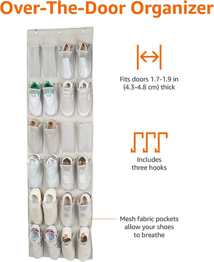 24 Medium Mesh Pocket Over-the-Door Hanging Shoe Organizer, Space Saving Shoe Storage, Light Grey | Over-the-Door