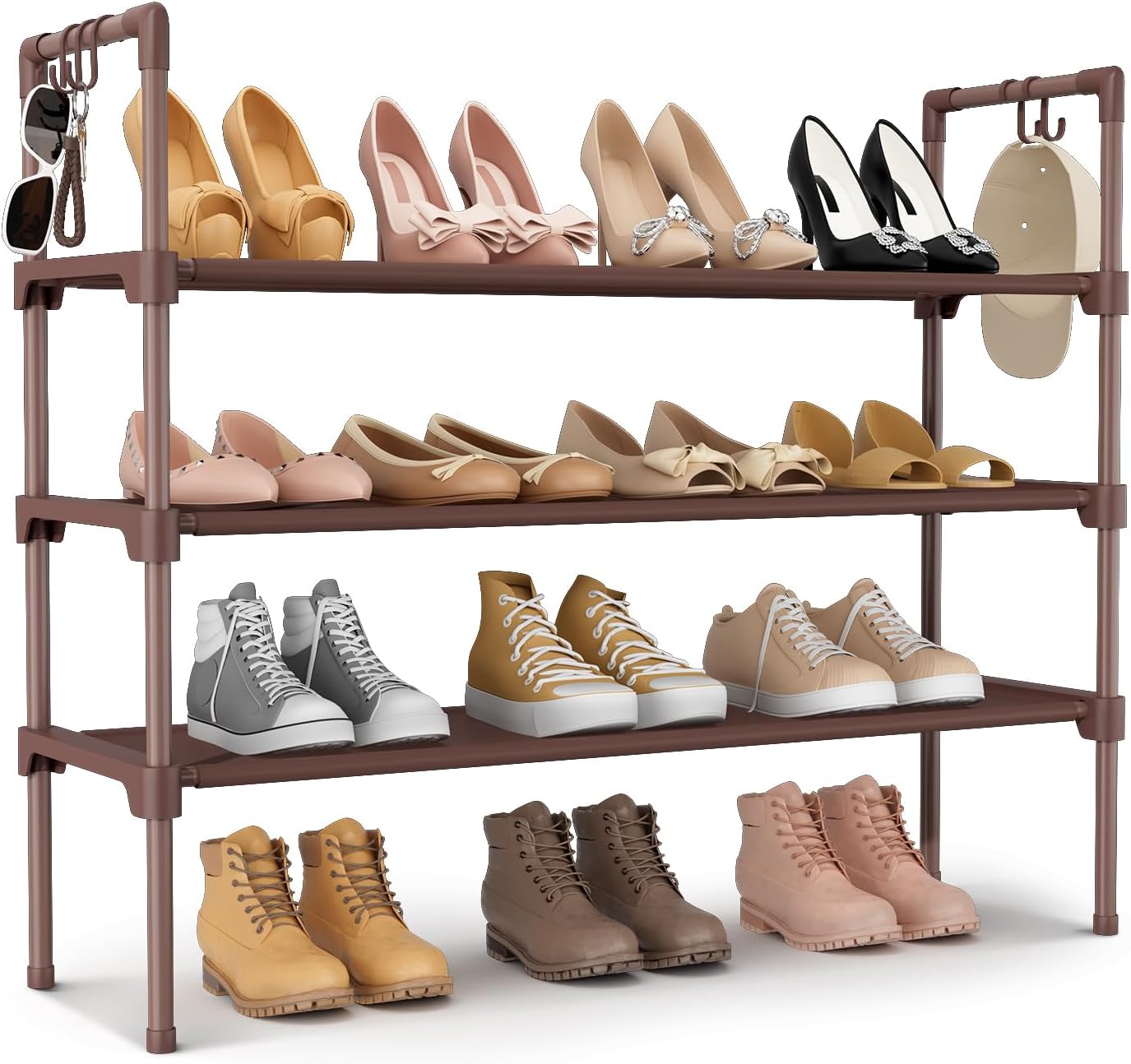 3 Tier Shoe Rack for Closet, Shoe Organizer with 5 Hooks, Long Shoe Shelf Storage for Sneaker and Boot Stackable Free Standing Shoe Rack for Entryway, Garage, Small Spaces, Dorm