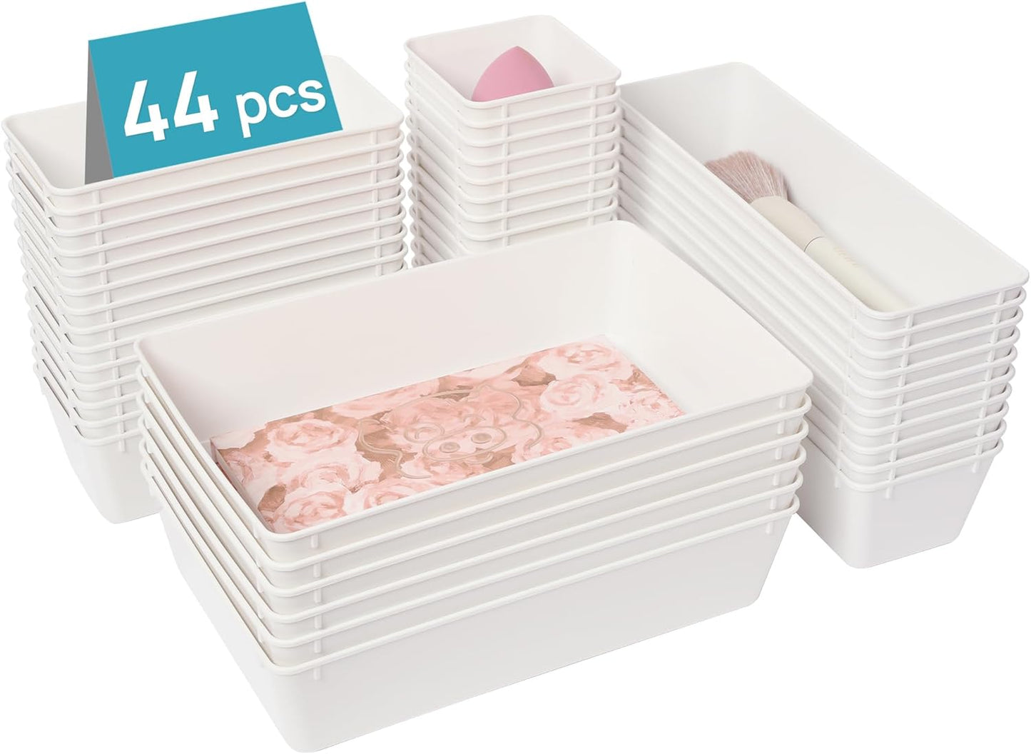 44 PCS Clear Plastic Drawer Organizers Set, 4-Size Versatile Bathroom and Vanity Organizer Trays, Non-Slip Storage Containers for Makeup, Jewelries, Bedroom，Kitchen Utensils and Office