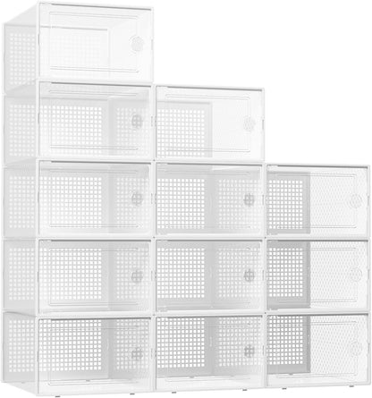 X-Large Shoe Storage Boxes Organizers Clear Plastic Stackable 12 Pack, Shoe Rack & Holder Substitute, Sneaker Containers, Toy Storage Organizer Bins for Entryway, Closet, Under Bed, Black