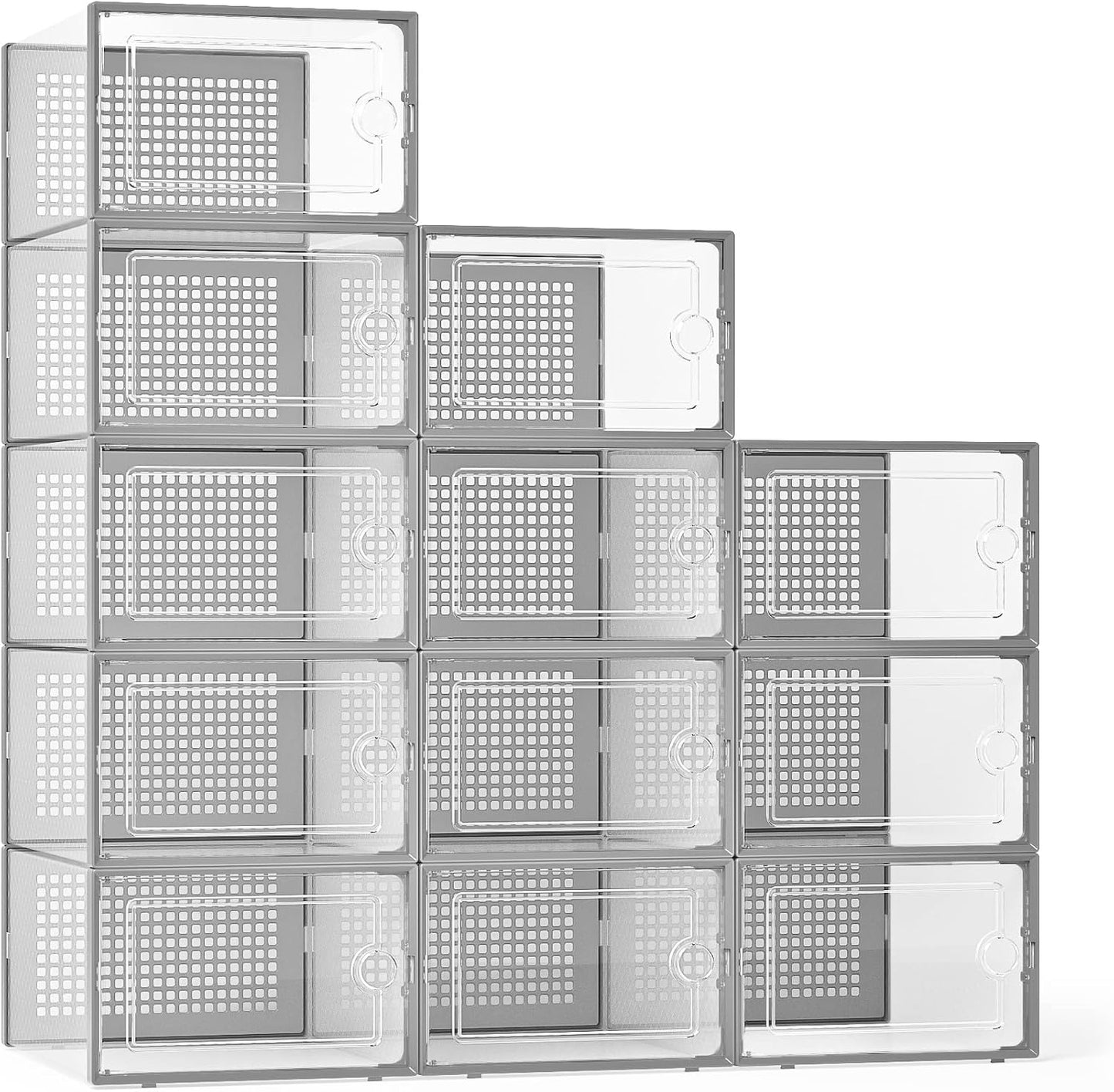 X-Large Shoe Storage Boxes Organizers Clear Plastic Stackable 12 Pack, Shoe Rack & Holder Substitute, Sneaker Containers, Toy Storage Organizer Bins for Entryway, Closet, Under Bed, Black