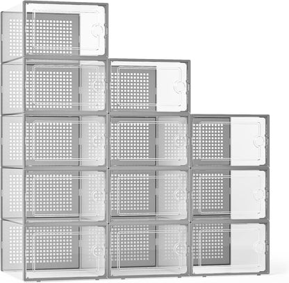 X-Large Shoe Storage Boxes Organizers Clear Plastic Stackable 12 Pack, Shoe Rack & Holder Substitute, Sneaker Containers, Toy Storage Organizer Bins for Entryway, Closet, Under Bed, Black