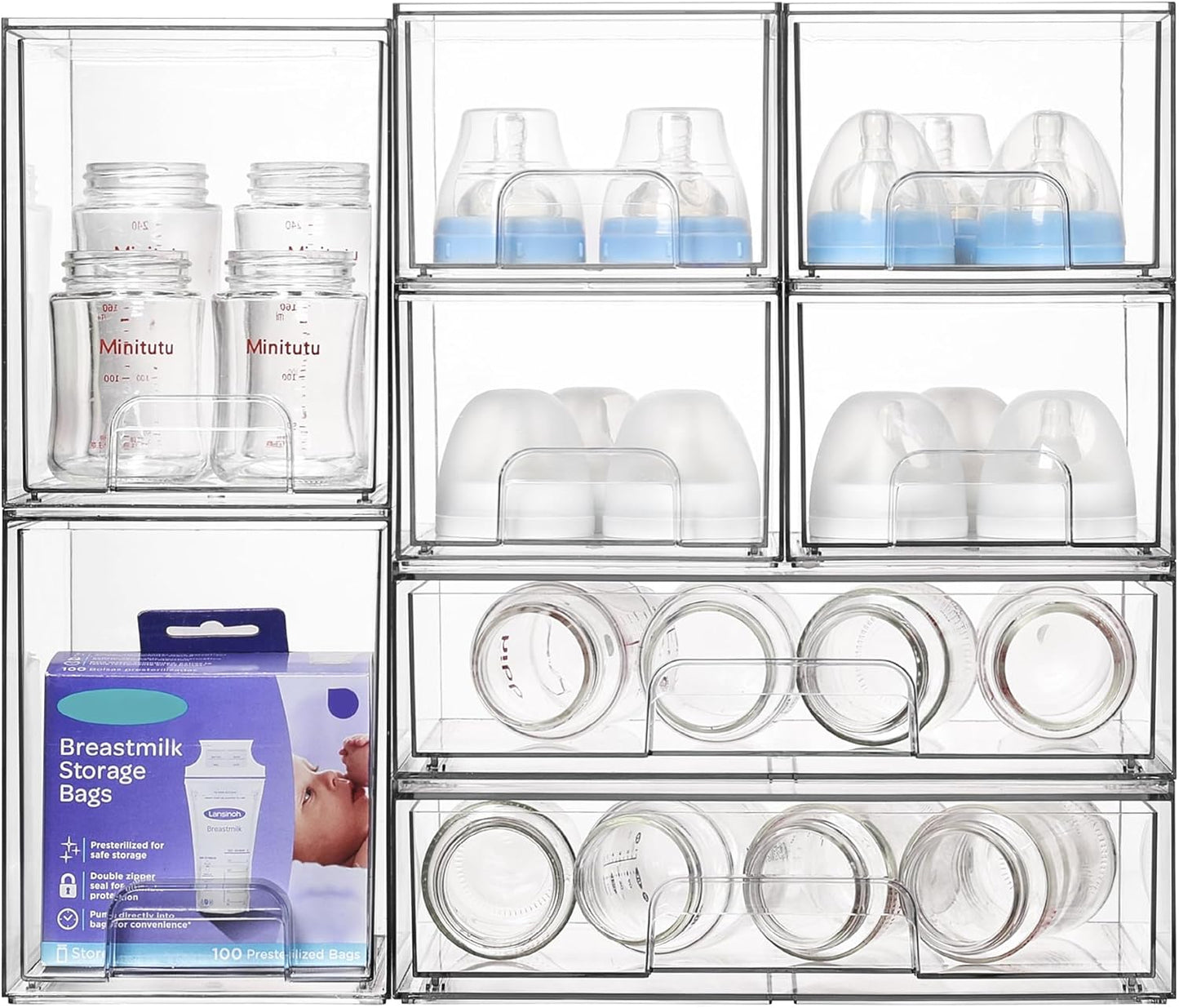 Stackable Storage Drawers Set of 5, Clear Plastic Organizer Bins for Baby Bottle, Beauty Supplies Storage, Ideal for Kichen Countertop, Vanity, Bathroom, Cabinet, Pantry Organization