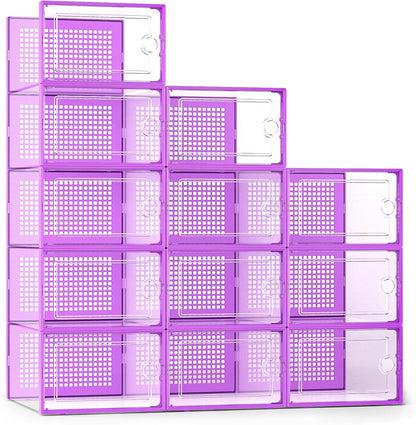 X-Large Shoe Storage Boxes Organizers Clear Plastic Stackable 12 Pack, Shoe Rack & Holder Substitute, Sneaker Containers, Toy Storage Organizer Bins for Entryway, Closet, Under Bed, Black