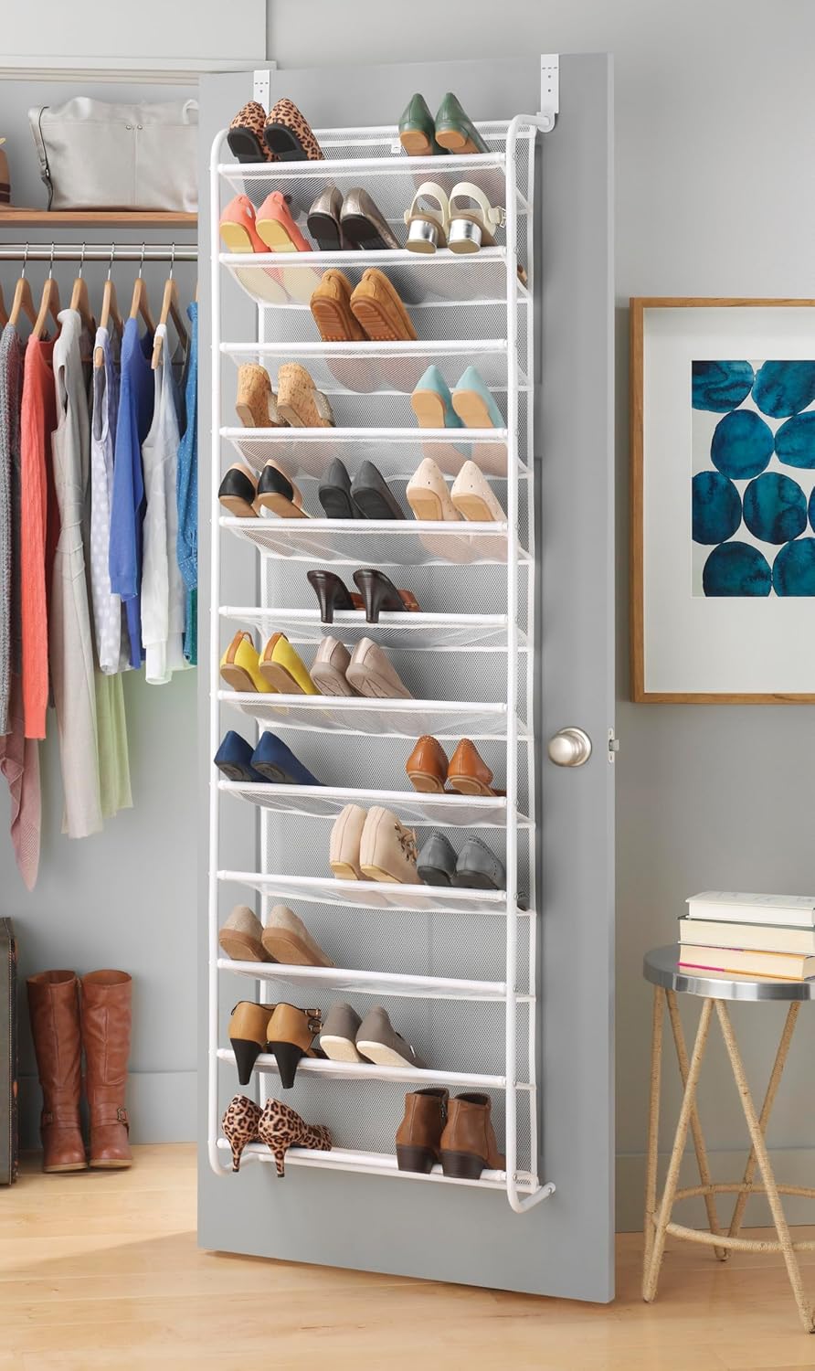 36 Pair Over The Door Shoe Organizer, 12 Tier Hanging Shoe Organizer, Heavy Duty Metal & Mesh Shoe Holder, Hanging Shoe Rack for Closet Organizer & Storage, 74"H x 21.7"W x 7.5"D, White