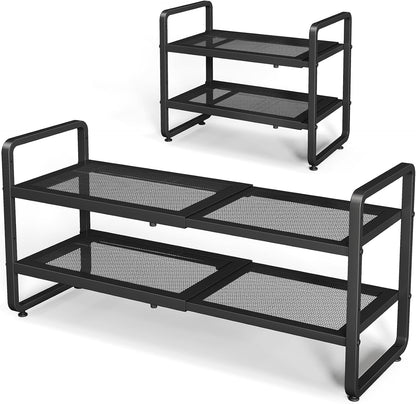 Shoe Rack - Expandable Shoe Organizer for Closet, Adjustable Metal Shoe Shelf Storage, Stackable Long Shoe Stand Holder for Garage, Entryway, Door Entrance (Black, 2-Tier)