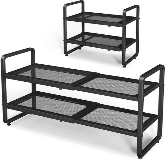 Shoe Rack - Expandable Shoe Organizer for Closet, Adjustable Metal Shoe Shelf Storage, Stackable Long Shoe Stand Holder for Garage, Entryway, Door Entrance (Black, 2-Tier)