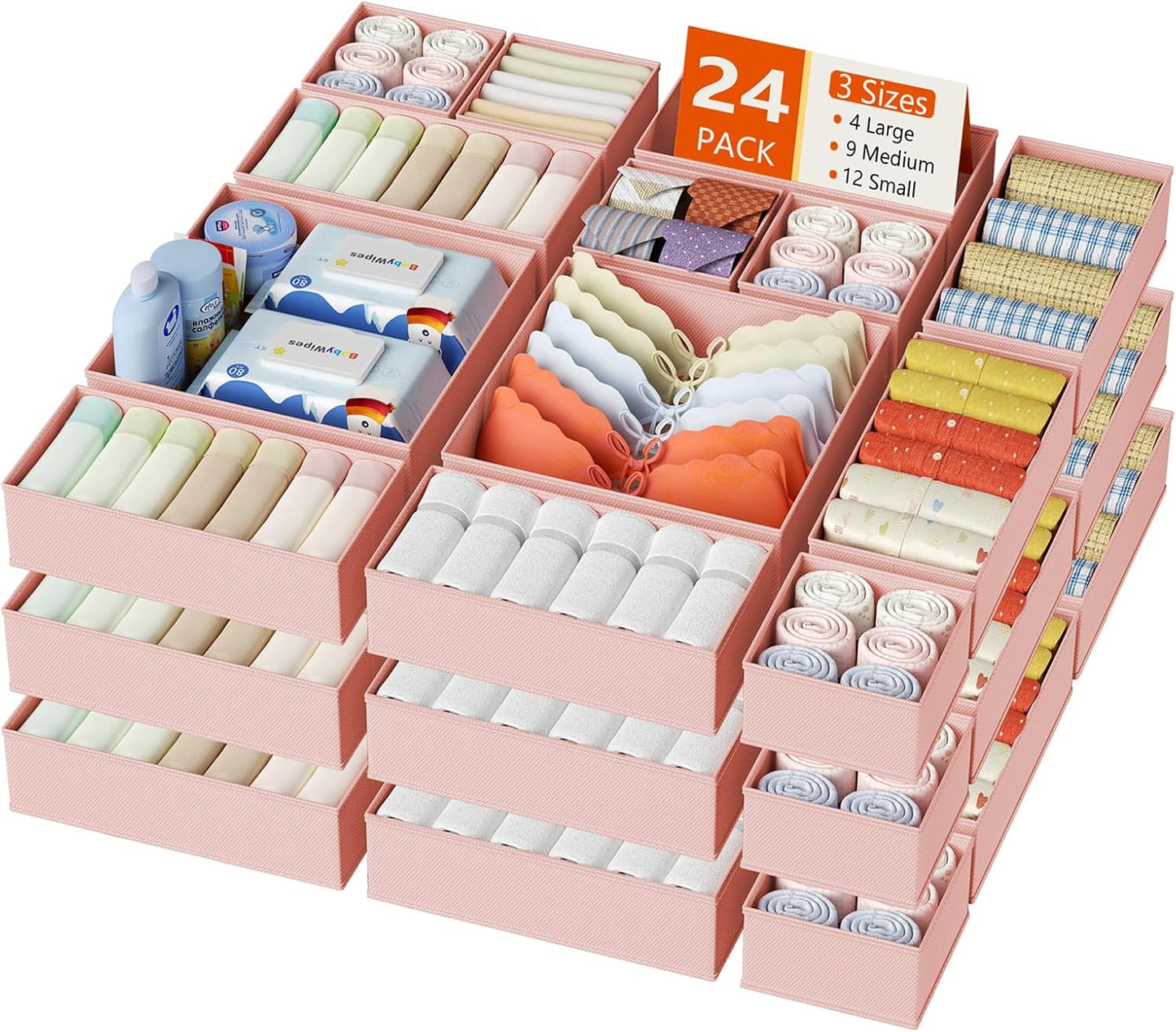 Drawer Organizer Clothes, 12 Pack Dresser Organizer, Foldable Closet Organizers and Storage, Fabric Dresser Bins, Drawer Dividers for Nursery, Baby Clothes, Underwears, Sock (Beige)
