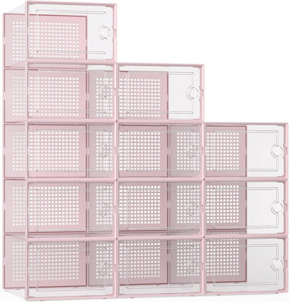 X-Large Shoe Storage Boxes Organizers Clear Plastic Stackable 12 Pack, Shoe Rack & Holder Substitute, Sneaker Containers, Toy Storage Organizer Bins for Entryway, Closet, Under Bed, Black