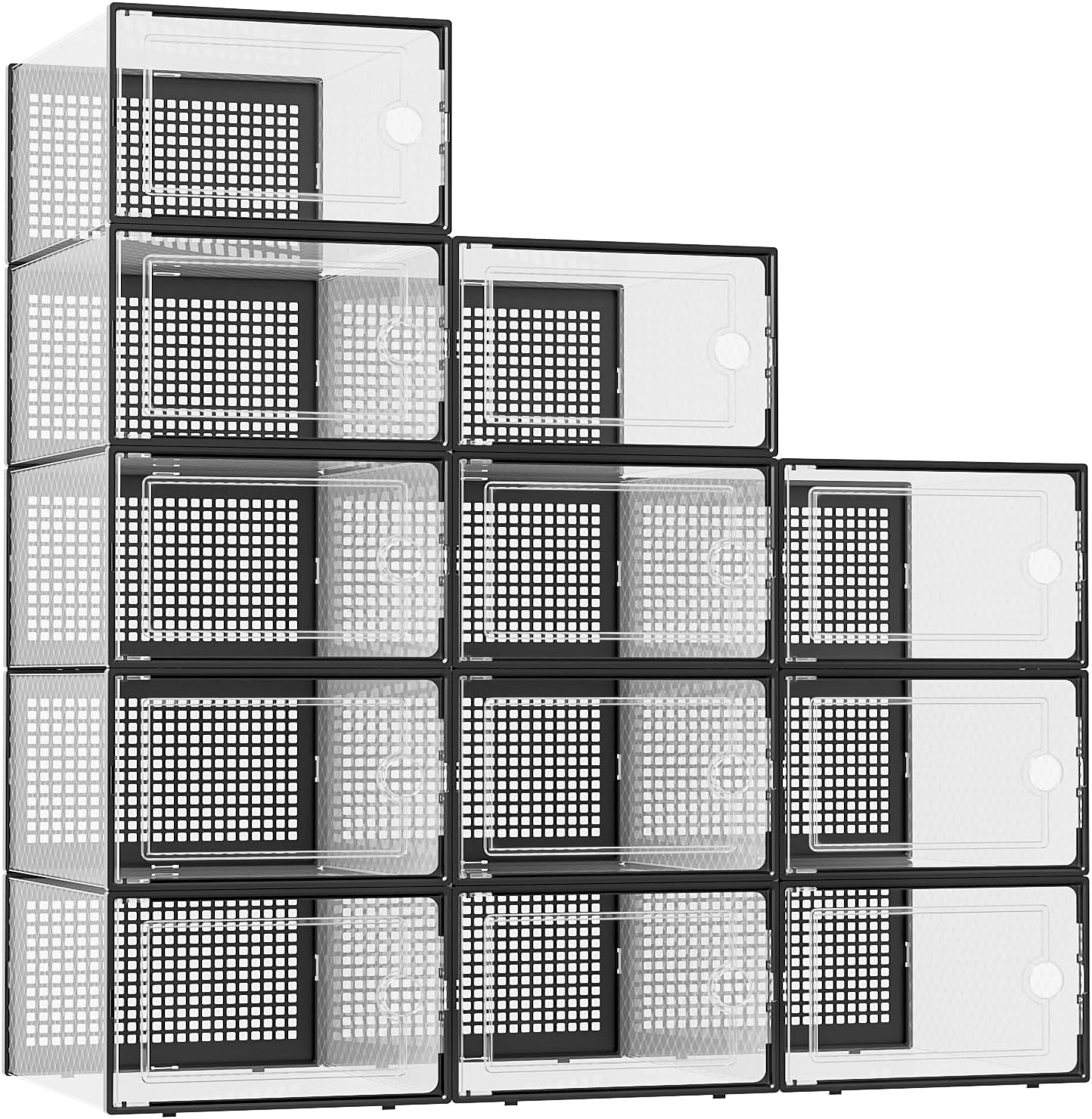 X-Large Shoe Storage Boxes Organizers Clear Plastic Stackable 12 Pack, Shoe Rack & Holder Substitute, Sneaker Containers, Toy Storage Organizer Bins for Entryway, Closet, Under Bed, Black