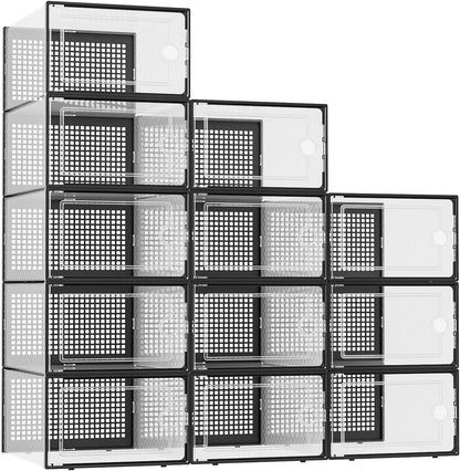 X-Large Shoe Storage Boxes Organizers Clear Plastic Stackable 12 Pack, Shoe Rack & Holder Substitute, Sneaker Containers, Toy Storage Organizer Bins for Entryway, Closet, Under Bed, Black
