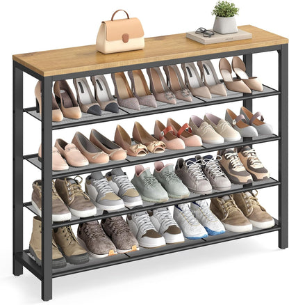 4 Tier Shoe Rack, Shoe Organizer for Closet, Entryway, 16-20 Pairs of Shoes, Large Shoe Rack Organizer with 3 Metal Mesh Shelves, 11.8 x 39.4 x 28.3 Inches, Rustic Brown and Black ULBS14BX