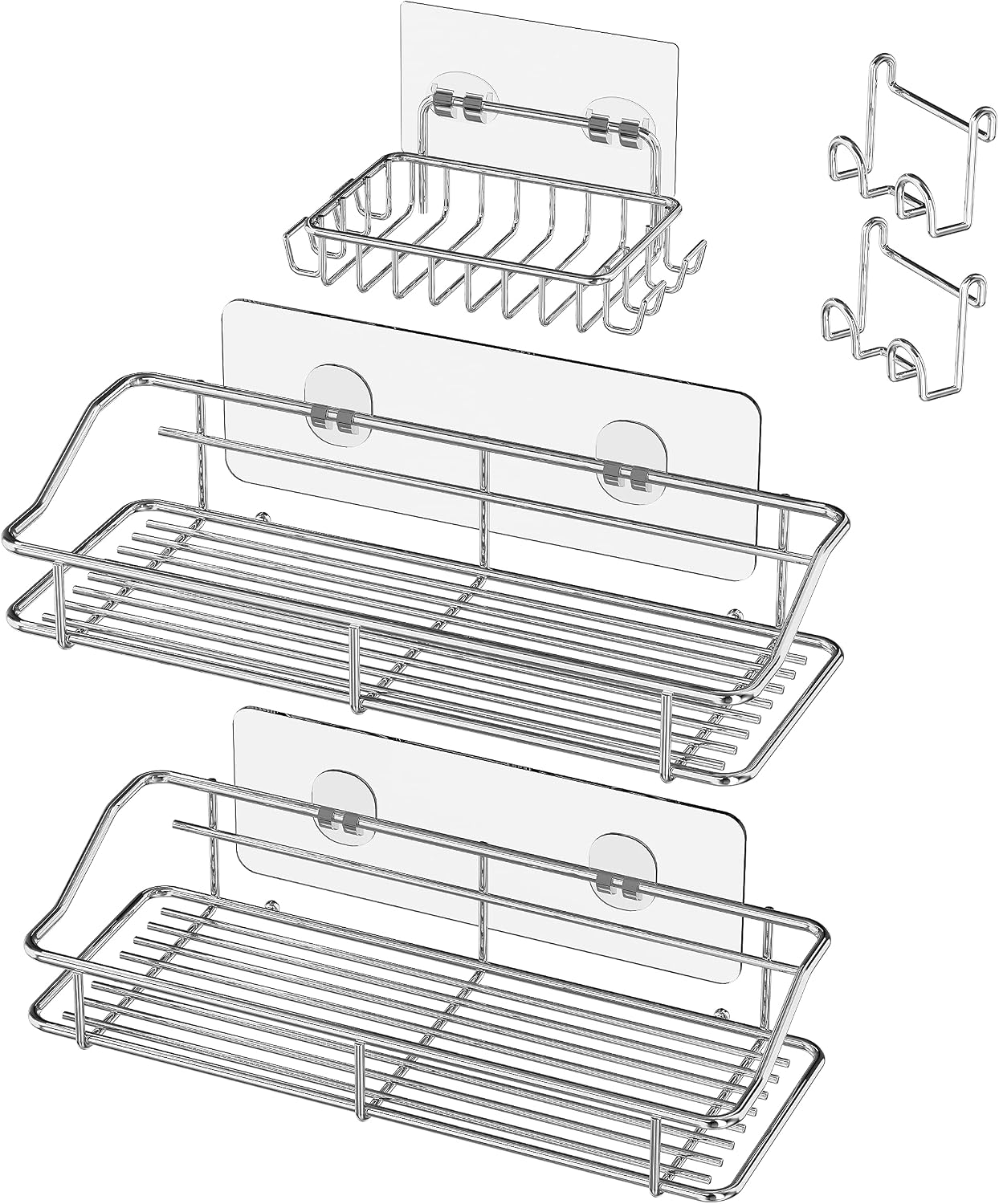 Shower Caddy Shelf Storage Rack Adhesive Without Drilling Stainless Steel with Hooks for Washroom, Lavatory, Restroom, Toilet, Bathroom, Kitchen - 2 Pack