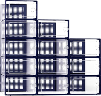 X-Large Shoe Storage Boxes Organizers Clear Plastic Stackable 12 Pack, Shoe Rack & Holder Substitute, Sneaker Containers, Toy Storage Organizer Bins for Entryway, Closet, Under Bed, Black