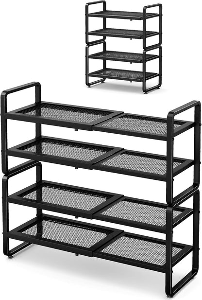 Shoe Rack - Expandable Shoe Organizer for Closet, Adjustable Metal Shoe Shelf Storage, Stackable Long Shoe Stand Holder for Garage, Entryway, Door Entrance (Black, 2-Tier)