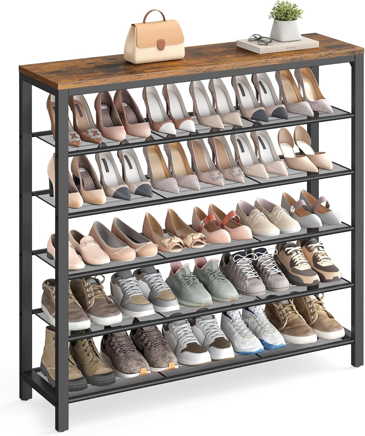4 Tier Shoe Rack, Shoe Organizer for Closet, Entryway, 16-20 Pairs of Shoes, Large Shoe Rack Organizer with 3 Metal Mesh Shelves, 11.8 x 39.4 x 28.3 Inches, Rustic Brown and Black ULBS14BX