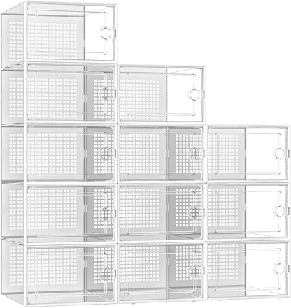 X-Large Shoe Storage Boxes Organizers Clear Plastic Stackable 12 Pack, Shoe Rack & Holder Substitute, Sneaker Containers, Toy Storage Organizer Bins for Entryway, Closet, Under Bed, Black