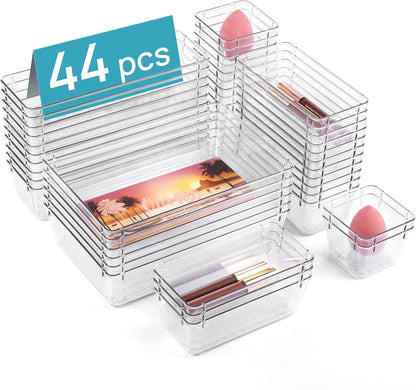 44 PCS Clear Plastic Drawer Organizers Set, 4-Size Versatile Bathroom and Vanity Organizer Trays, Non-Slip Storage Containers for Makeup, Jewelries, Bedroom，Kitchen Utensils and Office